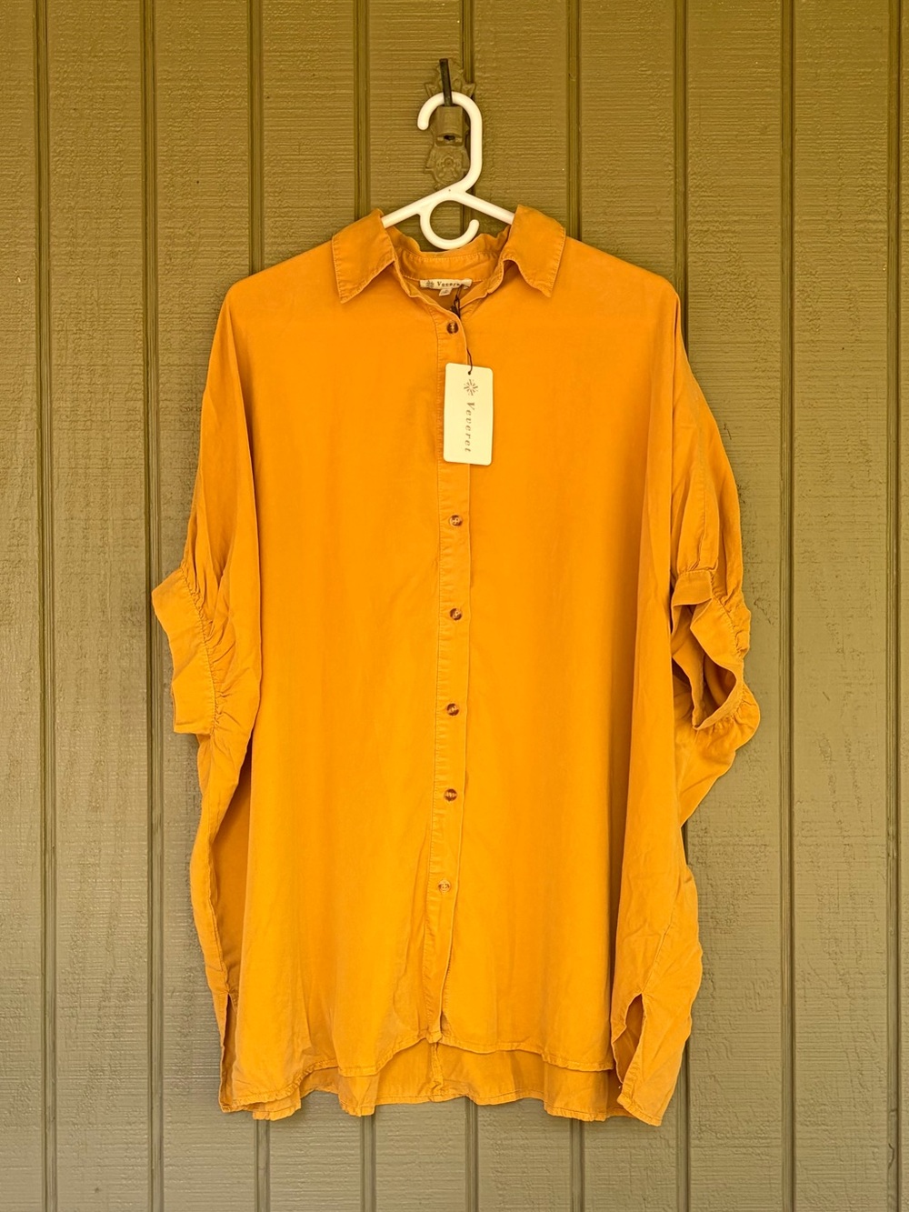 Veveret Tencel Sunflower Yellow Button Down Tunic Shirt NWT Small Ruched Sleeve